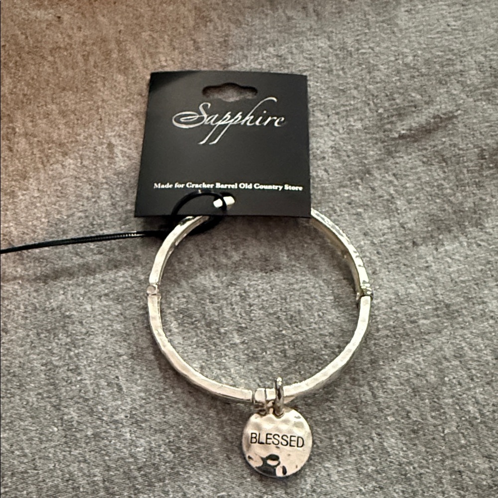 Sapphire Silver Bangle Bracelet with Blessed Charm